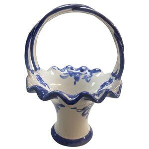 Hand-Painted Blue & White Ceramic Basket Vase With Floral Design Made In Portuga